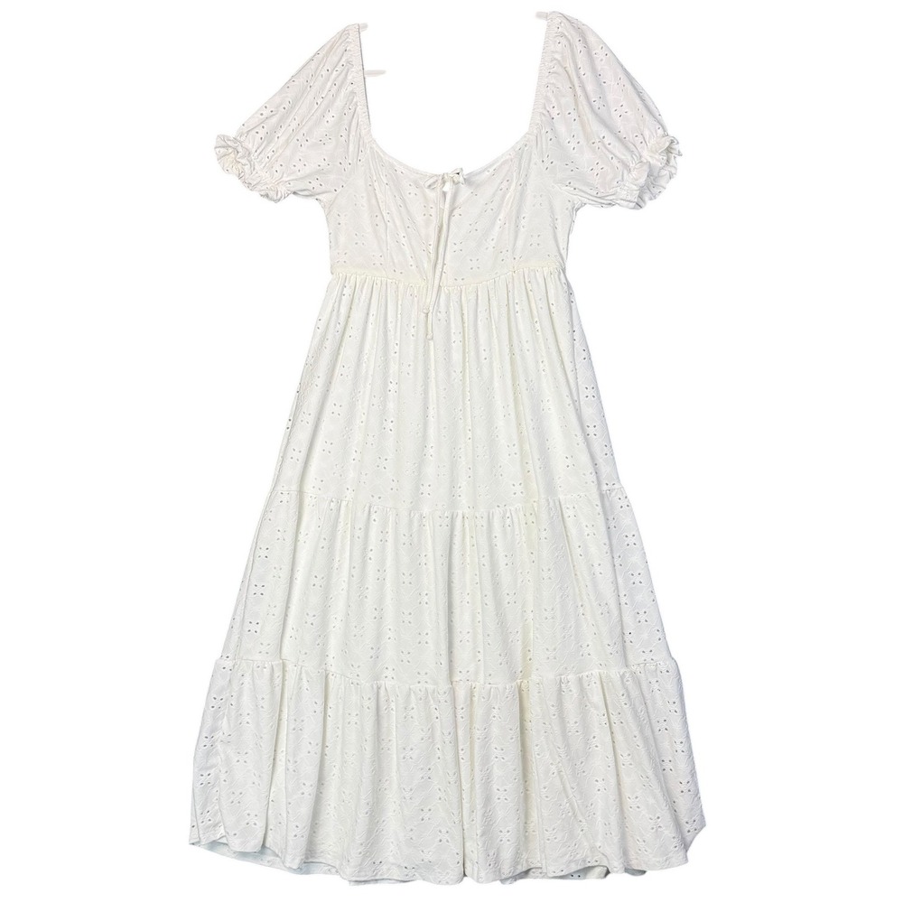 Ardene Womens White Eyelet Tiered Midi Dress Puff Sleeve Peasant Milkmaid Size M